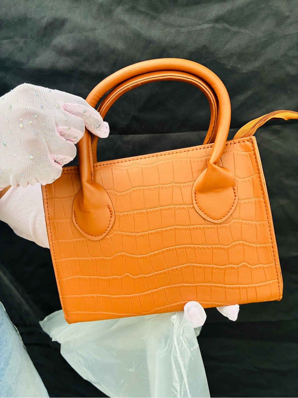 Textured Orange Croc-Embossed Top-Handle Bag